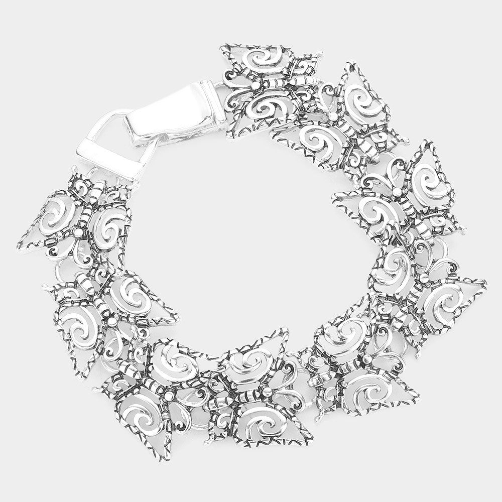 Silver-Toned Antique Metal Filigree Butterfly Link Magnetic Bracelet for Women
