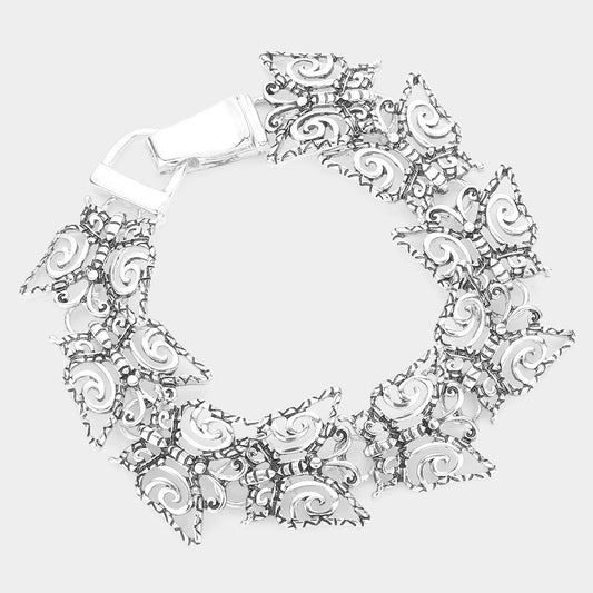 Silver-Toned Antique Metal Filigree Butterfly Link Magnetic Bracelet for Women