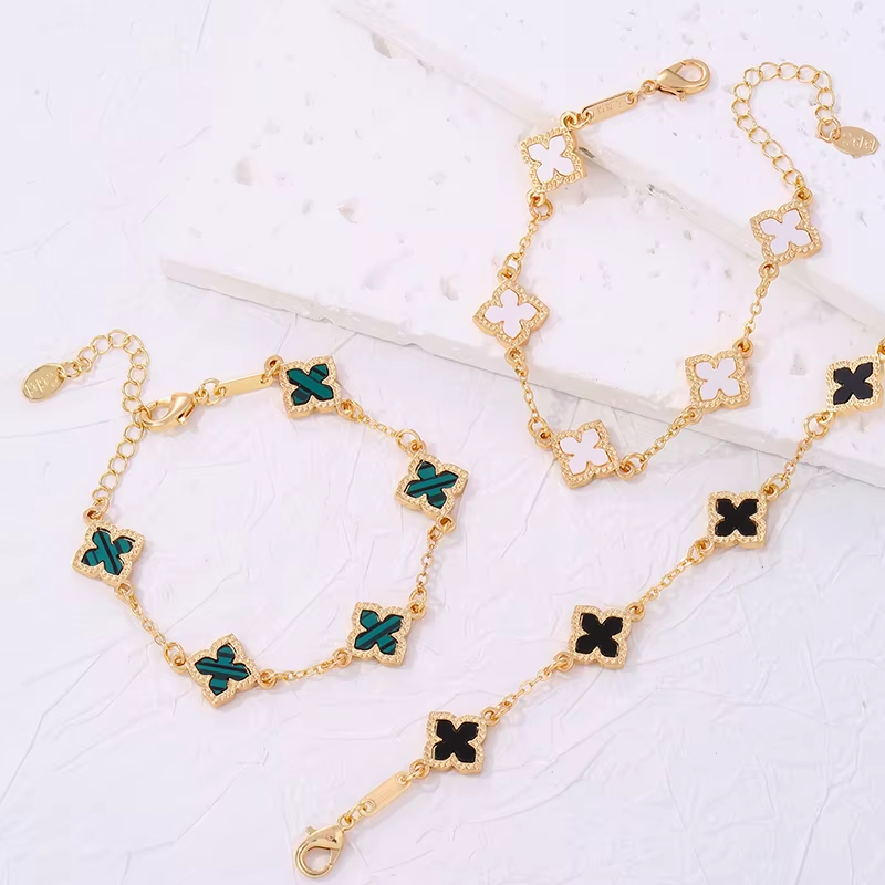 5pc Clover Bracelet Set Gold Tone Enamel Charm Good Luck Holiday Gift Women