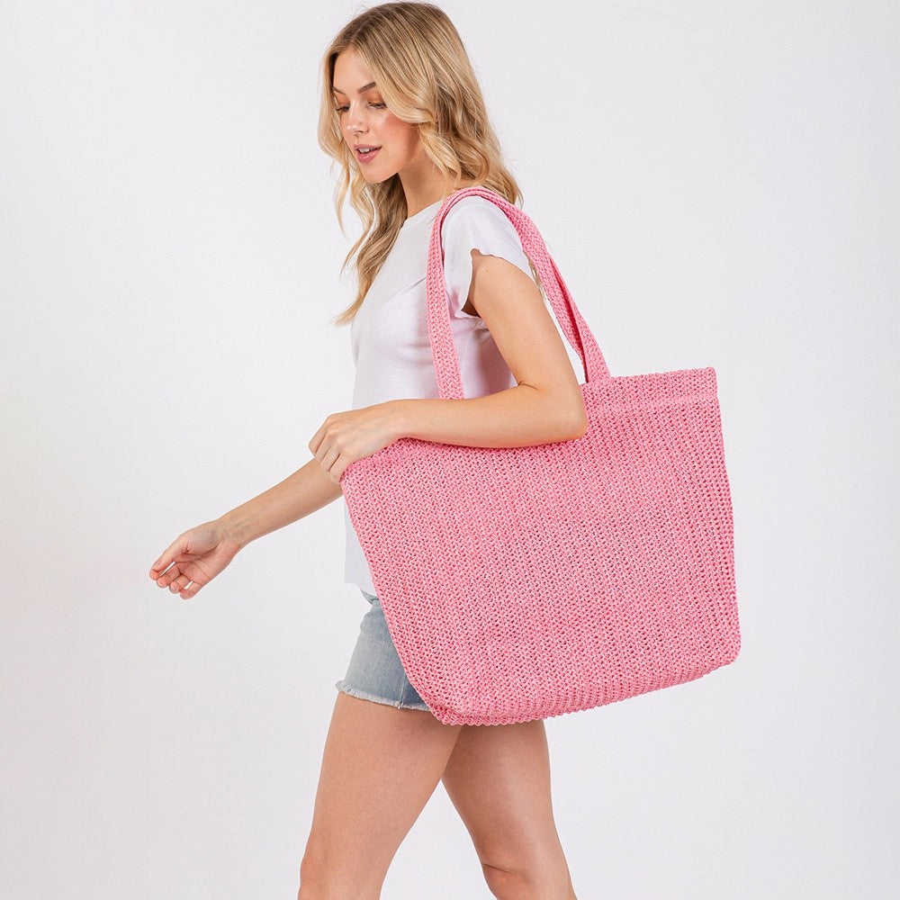 Oversized Pink Woven Straw Paper Shoulder Bag Zippered Beach Travel Tote Purse