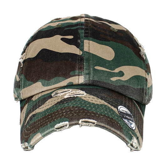 Distressed Woodland Camo Baseball Cap - Vintage Washed Camouflage Dad Hat