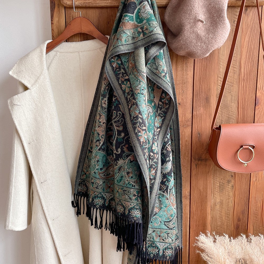 Bohemian Paisley Shawl Wrap Woven Jacquard Scarf Fringe Green Black Scarves