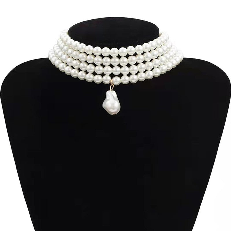 4 Row Faux Pearl Choker Necklace Baroque Pearl Pendant Statement Bridal Jewelry