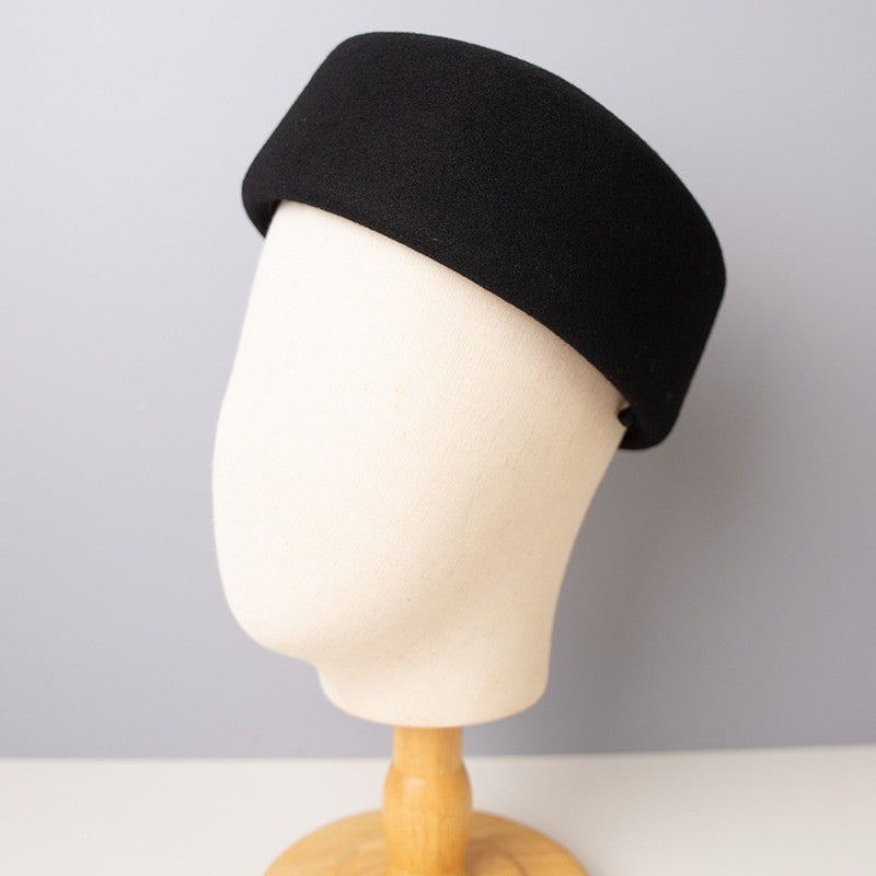 Vintage 100% Wool Pillbox Hat Black Retro Fascinator Formal Cocktail Stewardess