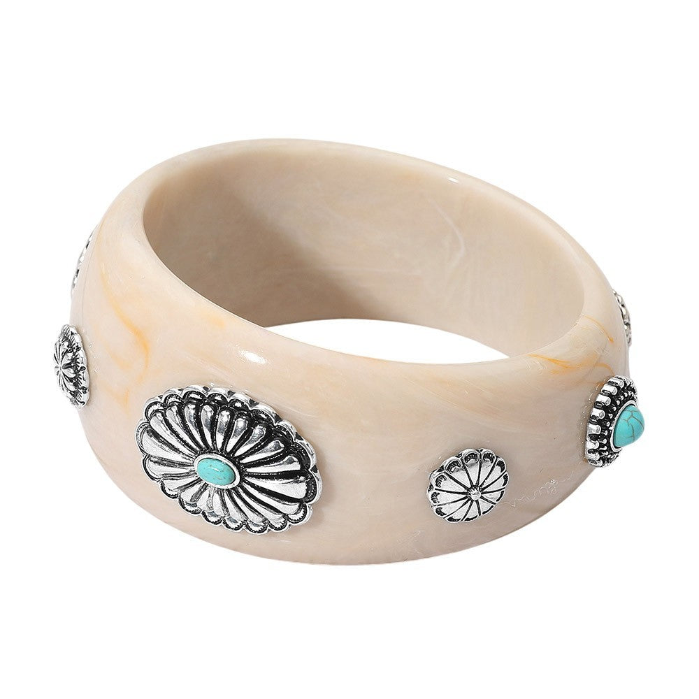 2pcs Resin Bangle Bracelets Amber Beige Faux Turquoise Silver Floral Southwester