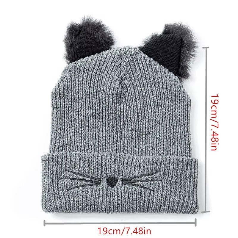 3pcs Women Cat Ear Beanie Hat Set Knit Skull Cap Winter Warm Faux Fur Pom Pom