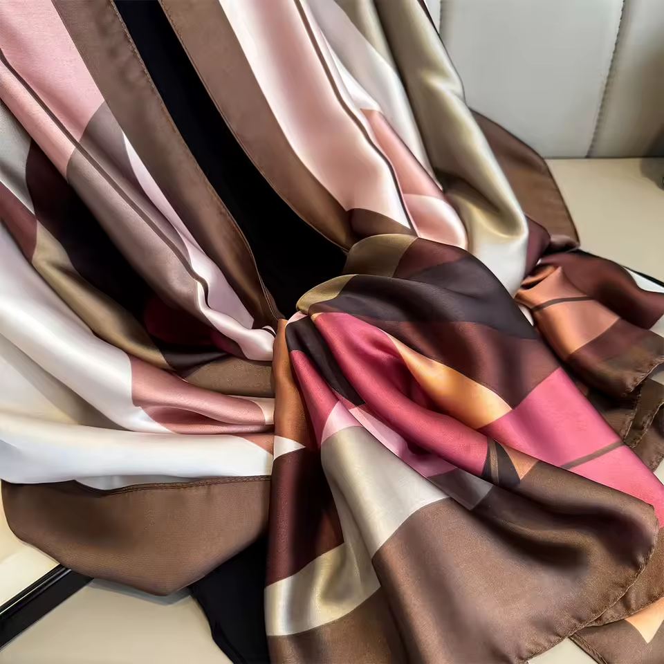 Silk Feel Large Scarf Geometric Print Brown Pink Shawl Wrap 71" x 35"
