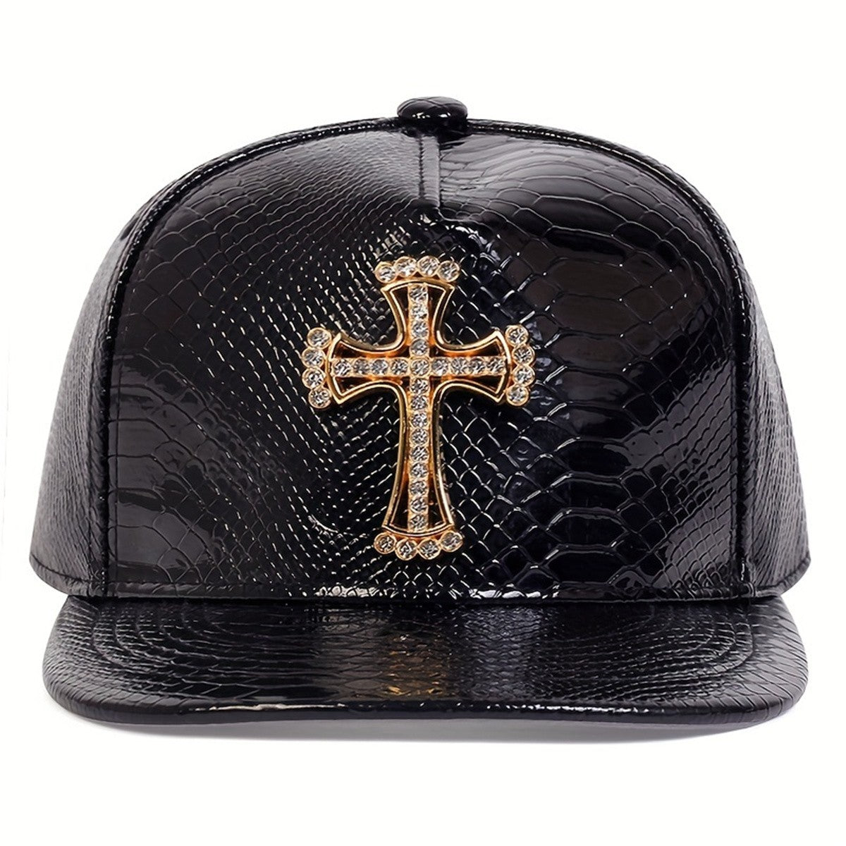 Black Patent Faux Leather Snakeskin Snapback Hat Rhinestone Cross Flat Bill Cap
