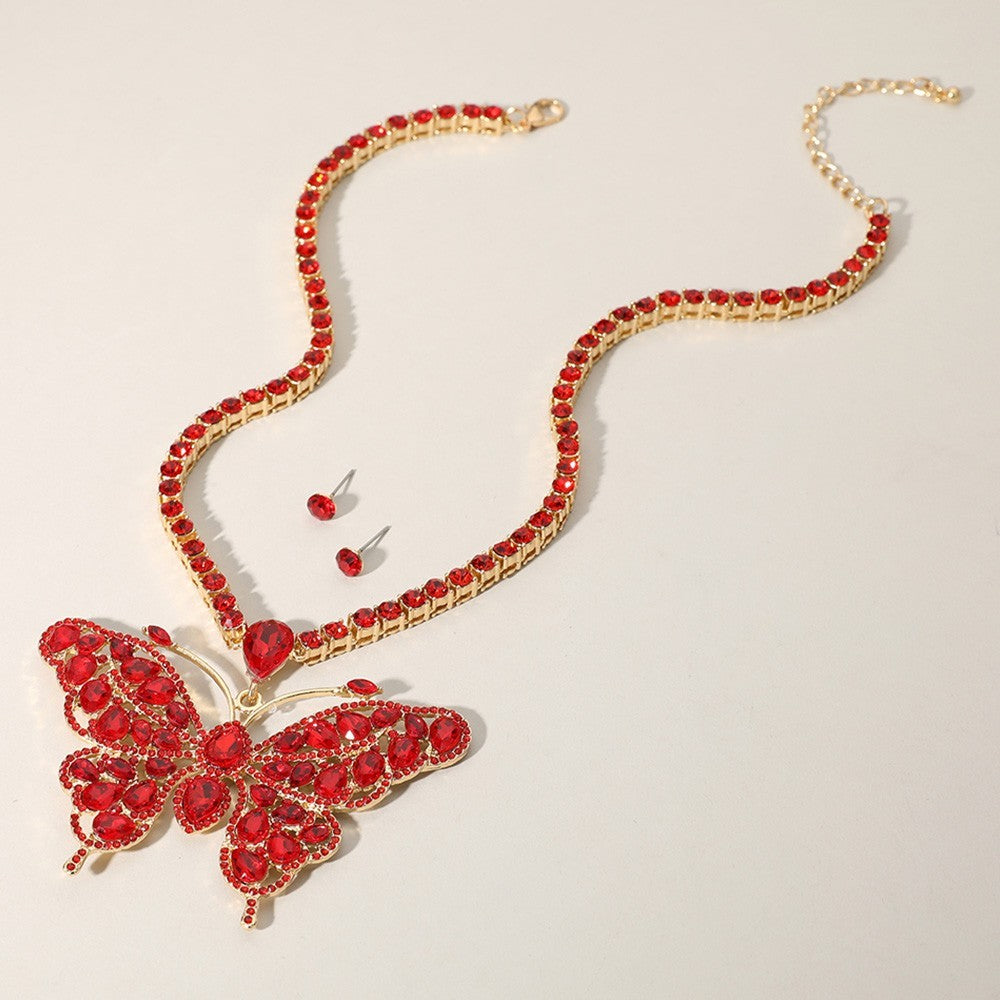 2PCs Rhinestone Butterfly Necklace Stud Earrings Set Gold Red & Iridescent