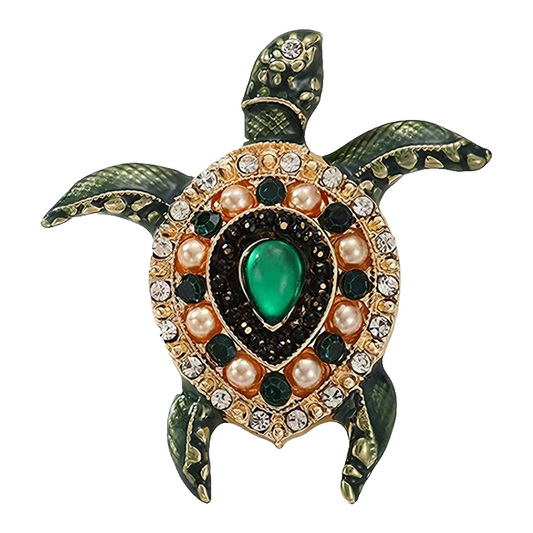 2pcs Sea Turtle Brooch Set Green Brown Enamel Crystal Rhinestone Animal Pin