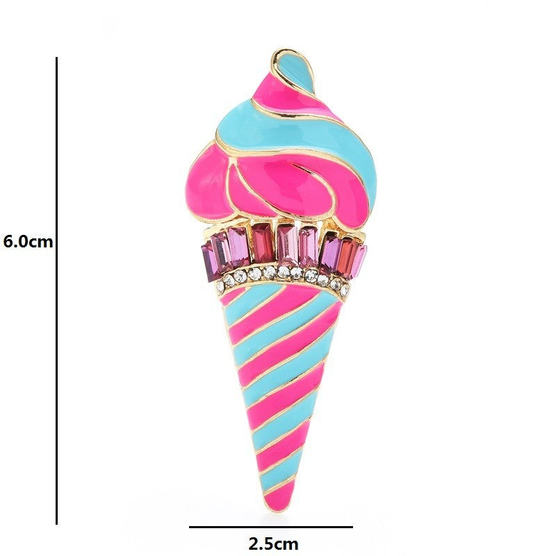2pcs Ice Cream Cone Brooch Pin Pink Blue Enamel Crystal Rhinestone Set