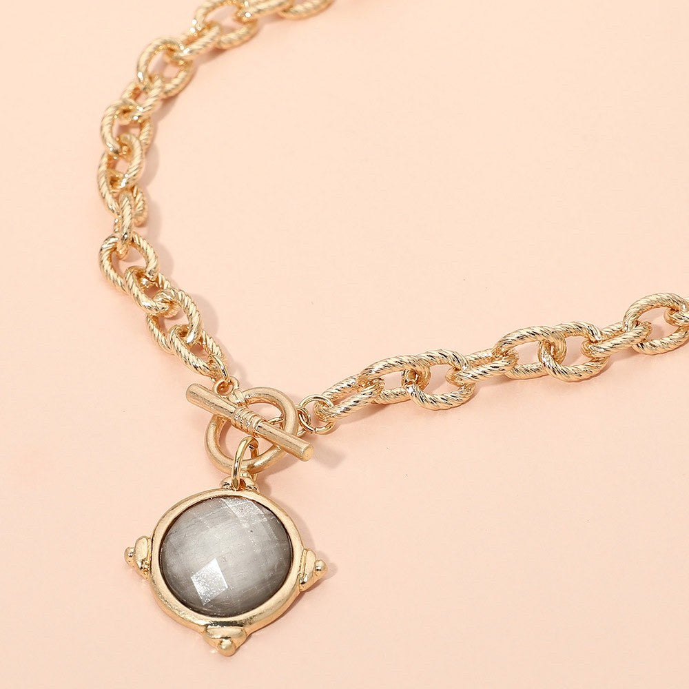 Gold Tone Rope Chain Toggle Necklace with Grey Stone Round Pendant 18 Inches