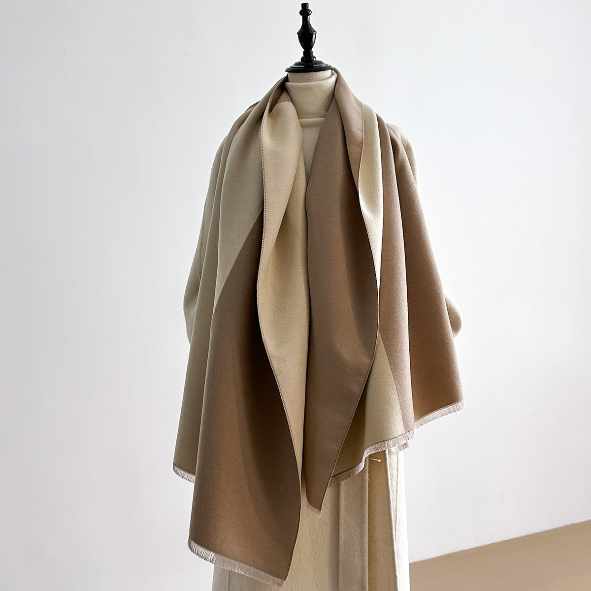 Reversible Cashmere Feel Shawl Wrap Scarf Beige Brown Oversized Blanket 72.8in