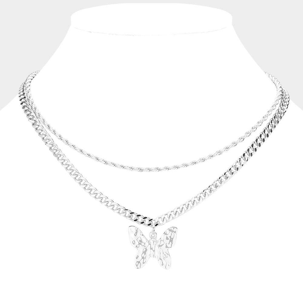 Silver Layered Butterfly Pendant Necklace Curb Chain Women's Fashion Jewelry