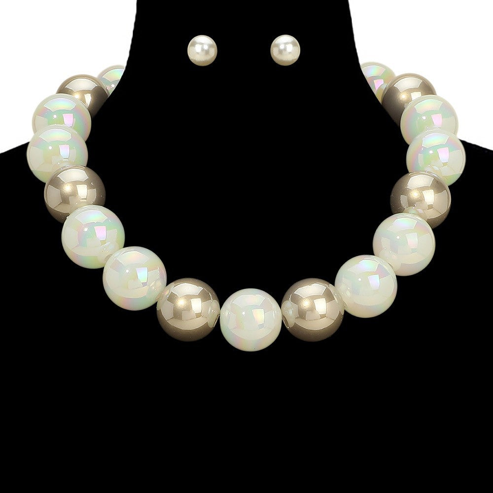 Chunky Brown White Ball Beaded Statement Necklace with Matching Stud Earrings