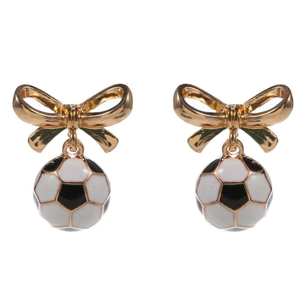 Soccer Ball Gold Bow Dangle Earrings Black and White Sports Fan Jewelry Pair