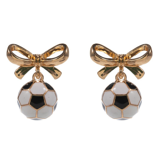 Soccer Ball Gold Bow Dangle Earrings Black and White Sports Fan Jewelry Pair