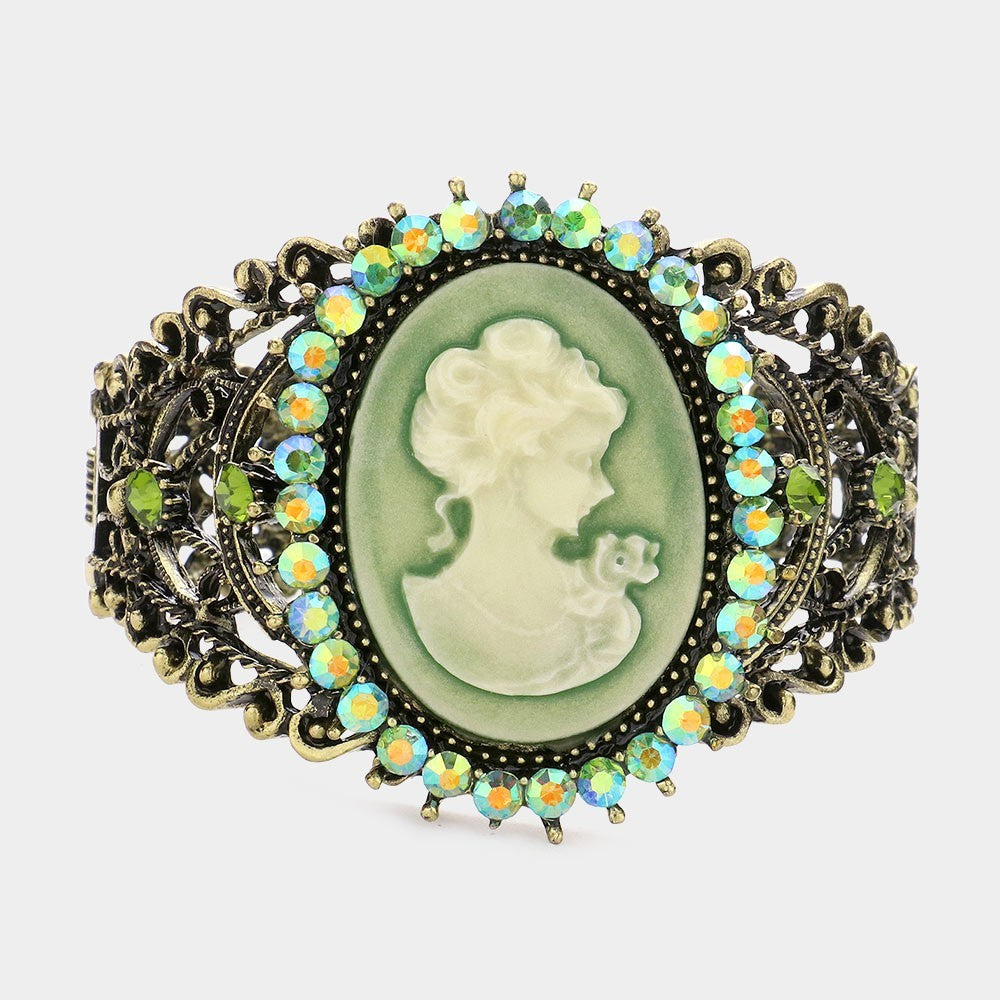 Cameo Centered Stone Trimmed Metal Hinged Bracelet Elegant Women’s Jewelry