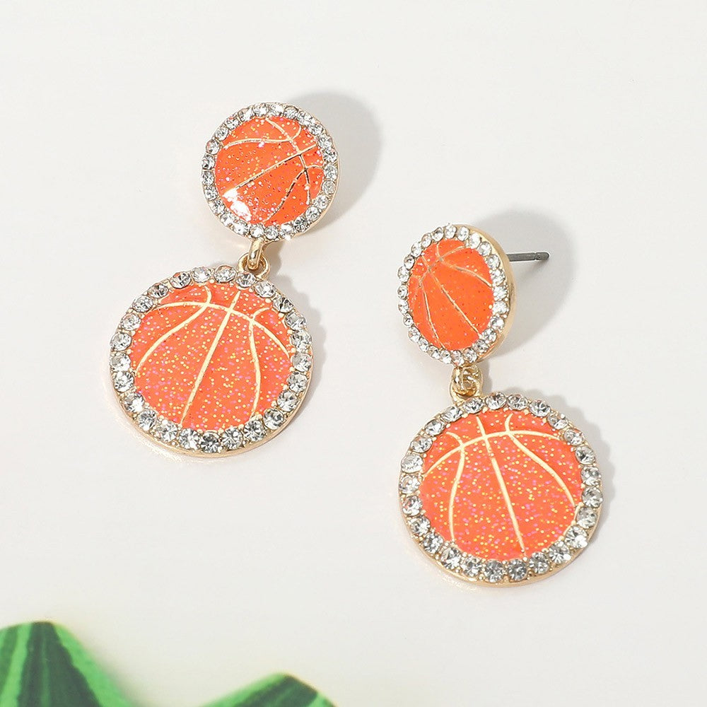 Rhinestone Rim Glittered Orange Basketball Double Link Drop Post Back Earrings