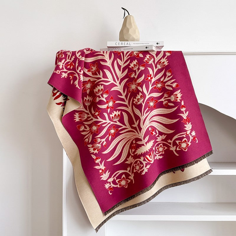 2PC Floral Reversible Shawl Scarf Wrap Oversized Thick Warm Red Green & Maroon