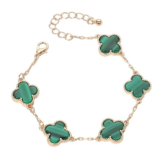 Gold Tone Quatrefoil Link Bracelet with Emerald Green Accents Fashion Jewelry