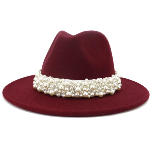 White Felt Jazz Fedora Hat with Pearl Band Wide Brim Elegant Dressy Accessory