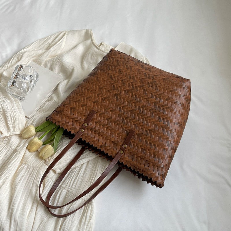 Handwoven Basket Weave Rattan Straw Tote Bag Large Capacity Brown Bags