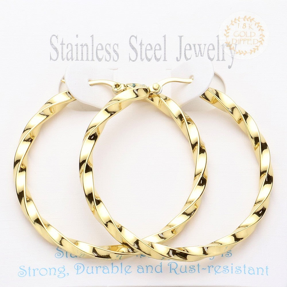 Gold Tone Twisted Stainless Steel Bold Wired Pin Catch Hoop Earrings for Women