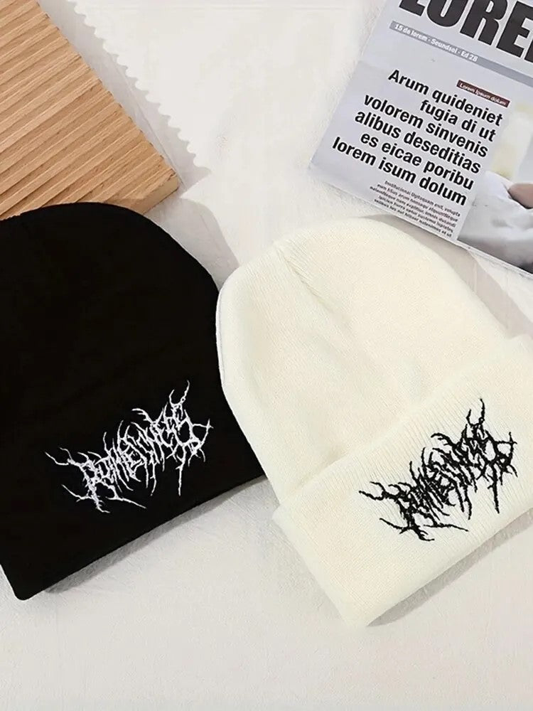 2pcs Black & White Knit Beanies – Gothic Embroidered Logo, Unisex Streetwear Hat