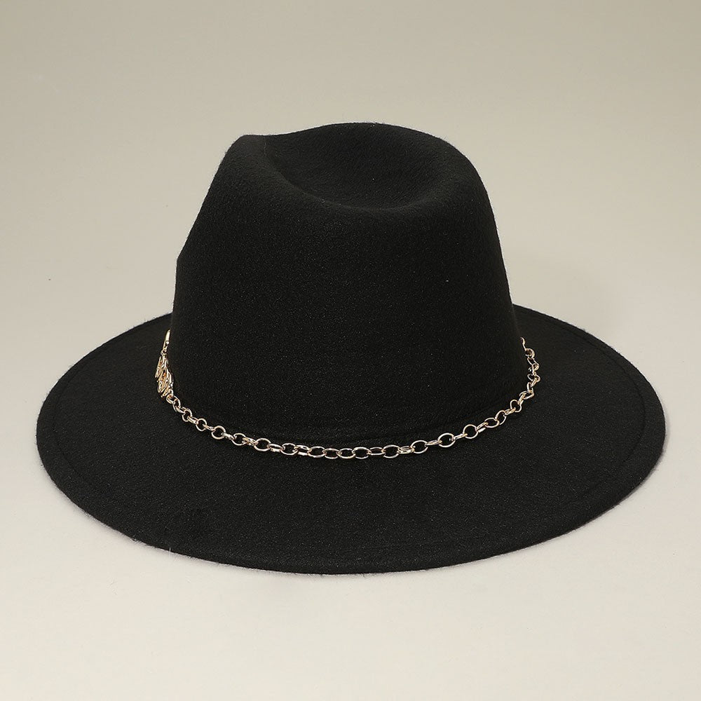 Western Fedora Hat Womens Polyester Black with Decorative Chain Accent Wide-Brim