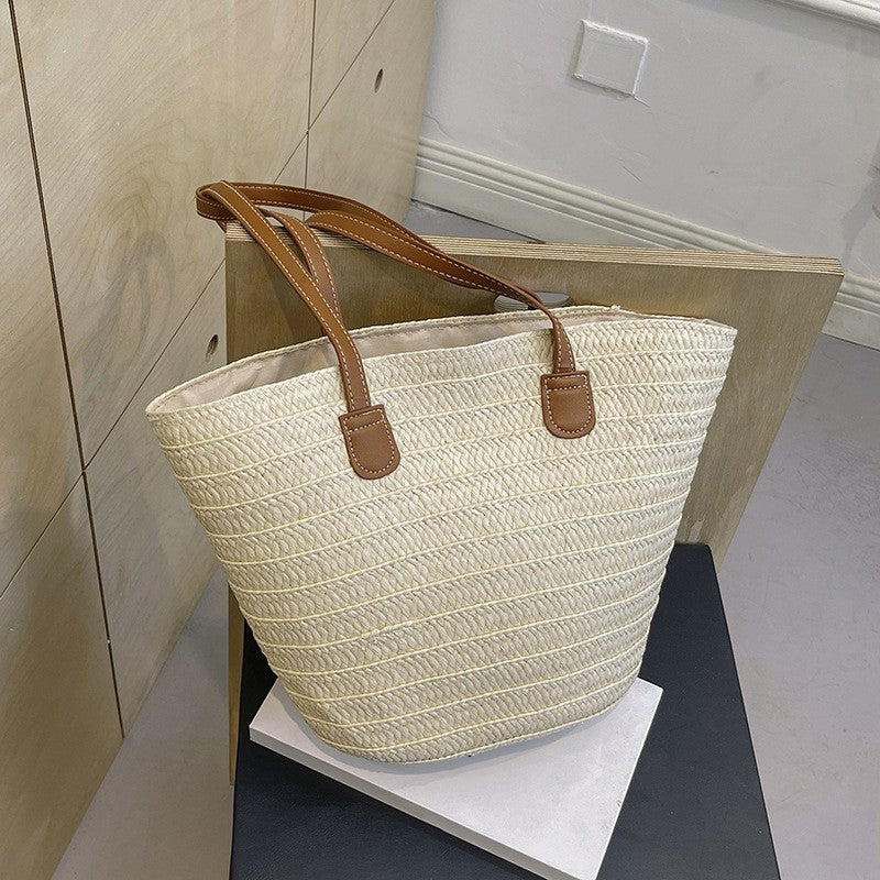 Women’s Large Capacity Paper  Woven Shoulder Bag Summer Basket Handbag Beige