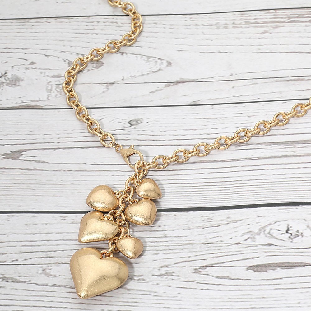 Women Worn Gold Chunky Puffy Heart Cluster Drop Chain Long Necklace with Lobster