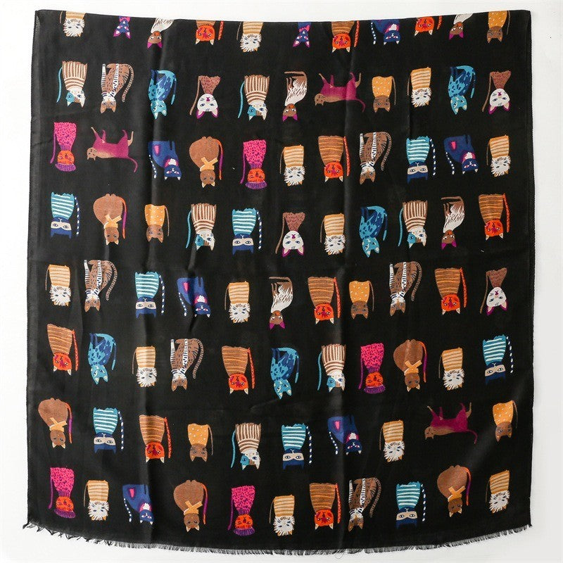 Cat Print Fringed Shawl Scarf Women Cotton Viscose Lightweight Wrap 71"x33" inch