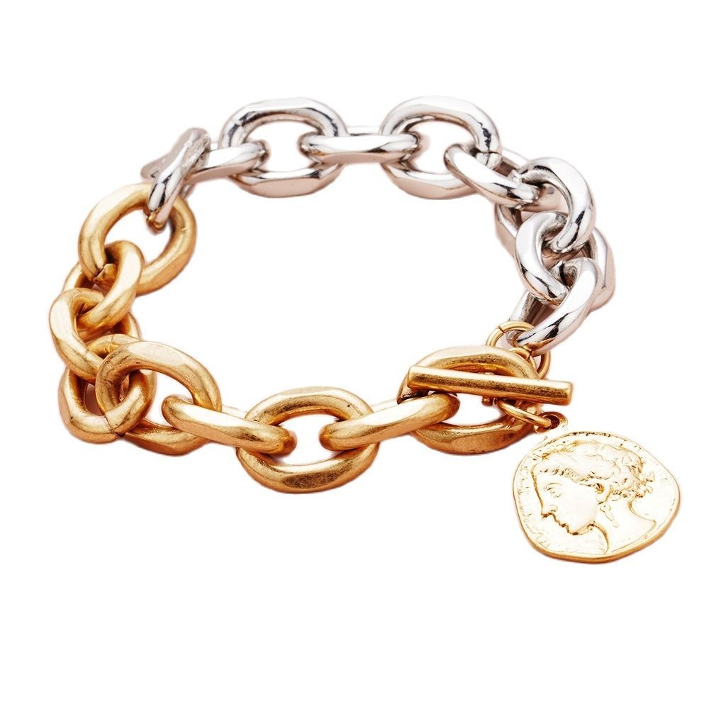 Mixed Metal Gold Silver Chunky Chain Bracelet Coin Pendant Toggle Clasp