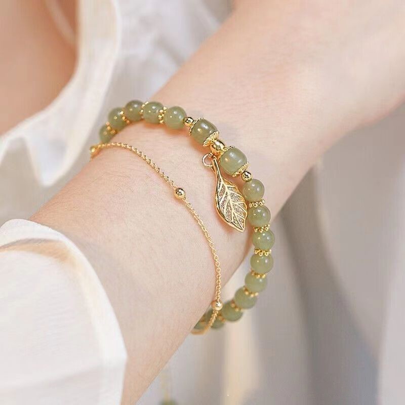 3pcs Green Jade Beaded Bracelets with Gold Leaf Charm & Chain Women's Jewelry