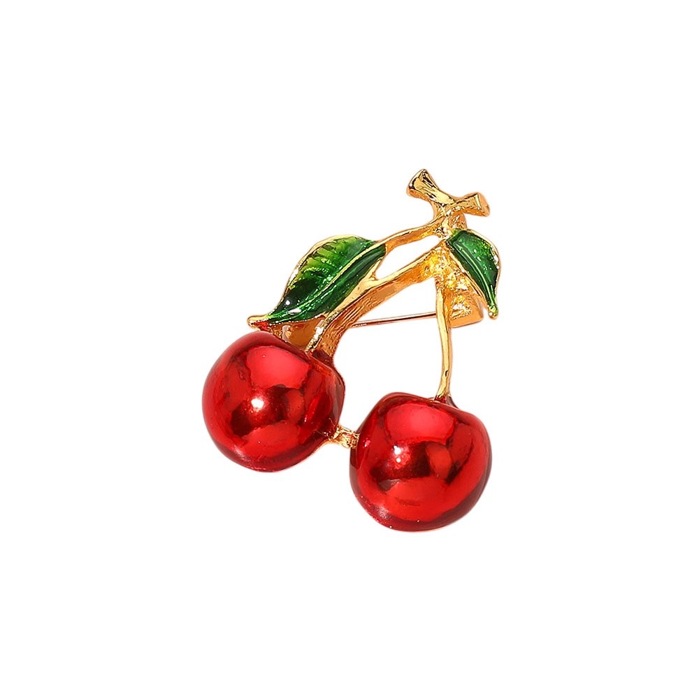 2pc Red Enamel Cherry Fruit Gold Brooch Pin Set - High Shine Vintage Style