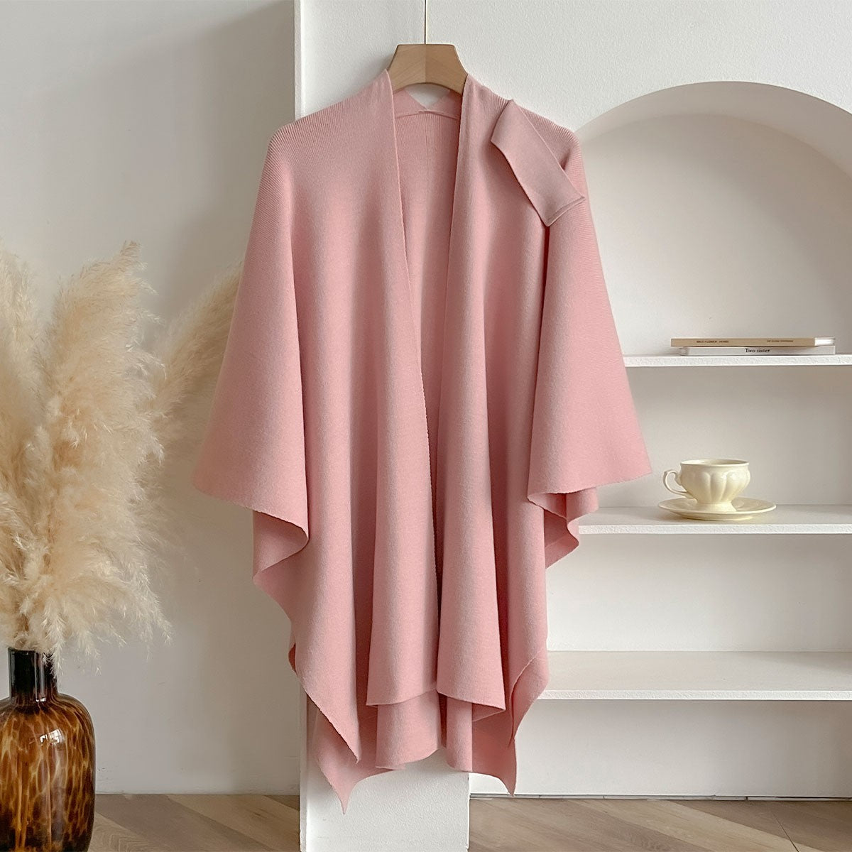 Women's Knit Poncho Cape Wrap Shawl Cashmere Feel Pink  Open Front One Size