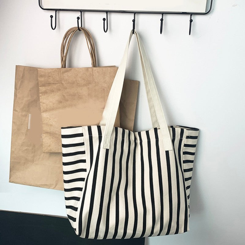 Large Canvas Tote Bag Striped Black White Shoulder Handbag Cotton Beach Shopper