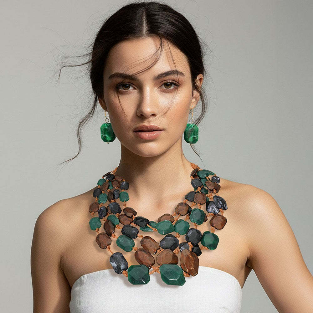 Boho Multi Layer Beaded Statement Necklace & Earrings Set Green Brown 23"
