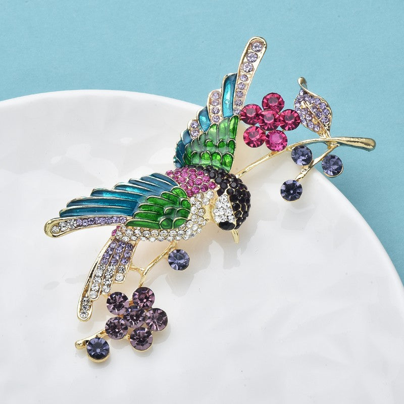 Rhinestone Bird on Branch Brooch Pin Multi Color Crystal Fashion Jewelry Gold To