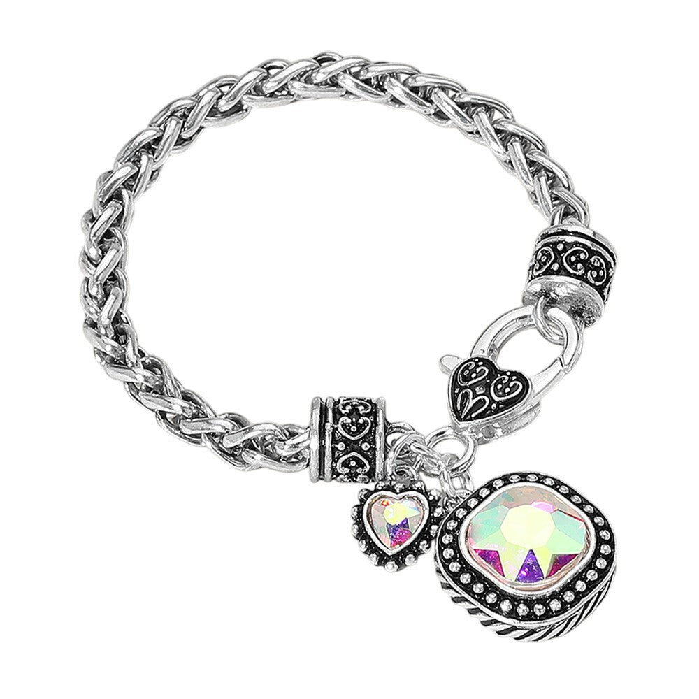 Square Heart Stone Charm Bracelet for Women Silver-Plated Sparkling Jewelry Chic