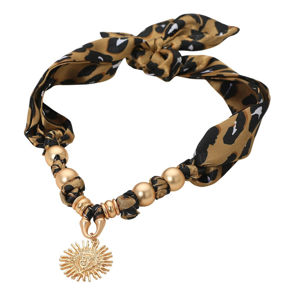 Leopard Print Scarf Headband Gold Sun Charm Beaded Boho Choker Necklace for Lady