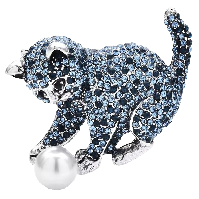 2pcs Sparkly Crystal Kitten with Pearl Ball Two Piece Set - Blue & Gold