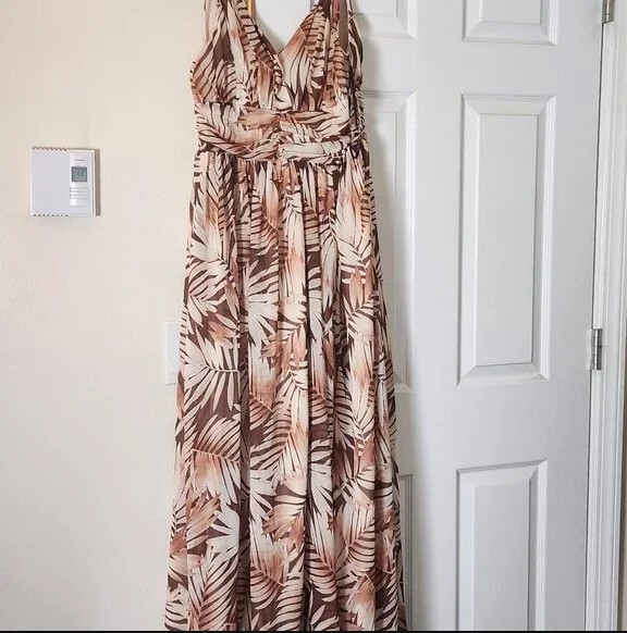 Tropical Print Sheer Maxi Dress for Women Vacation Outfit for Ladies Brown US S