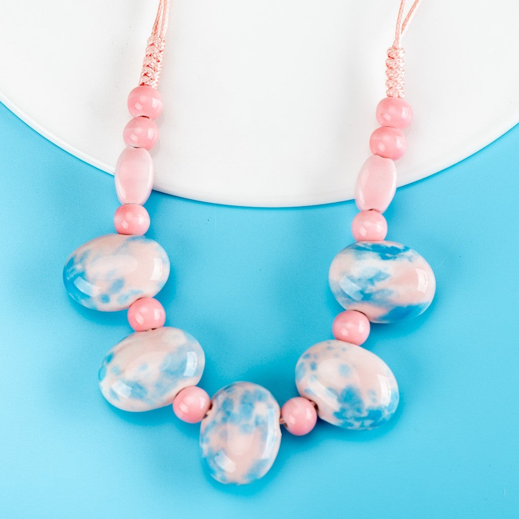 Blue Pink Ceramic Bead Necklace Cobblestone Pendant Boho Vintage Jewelry