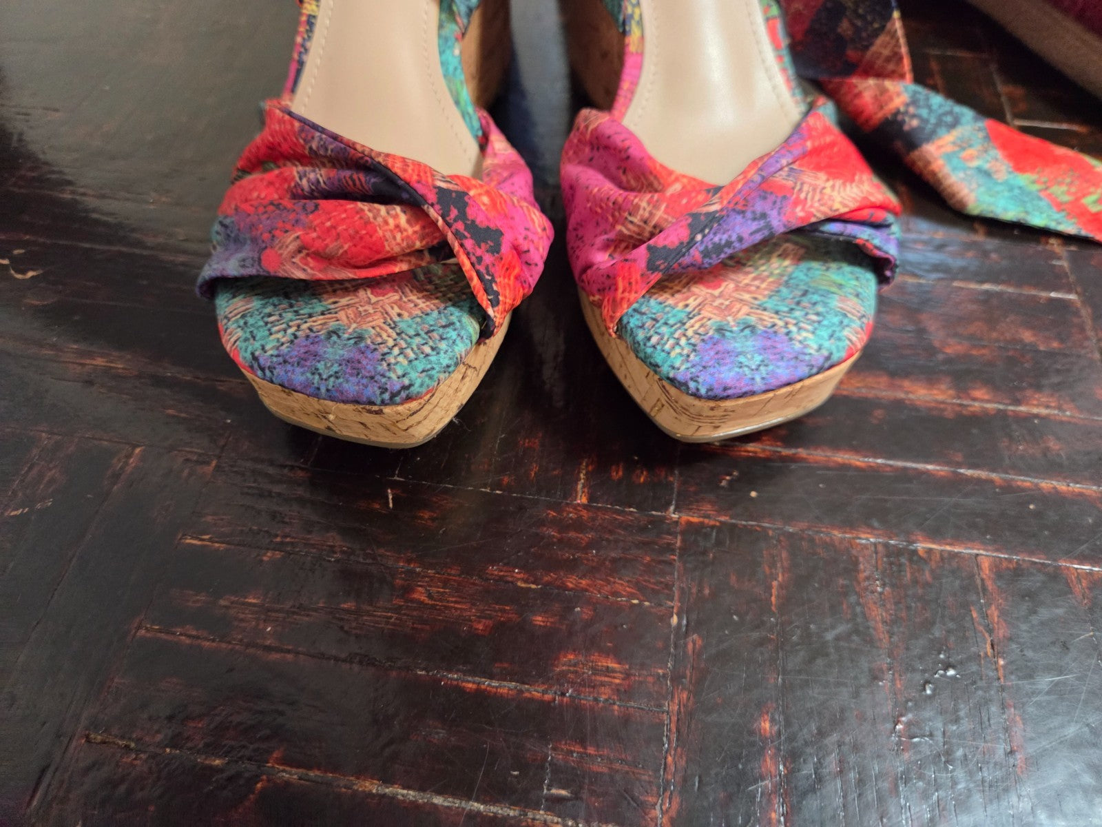 Oasis Multicolor Wedge Sandal Women’s Size 6.5 US Tie Up Strappy Fabric Heel