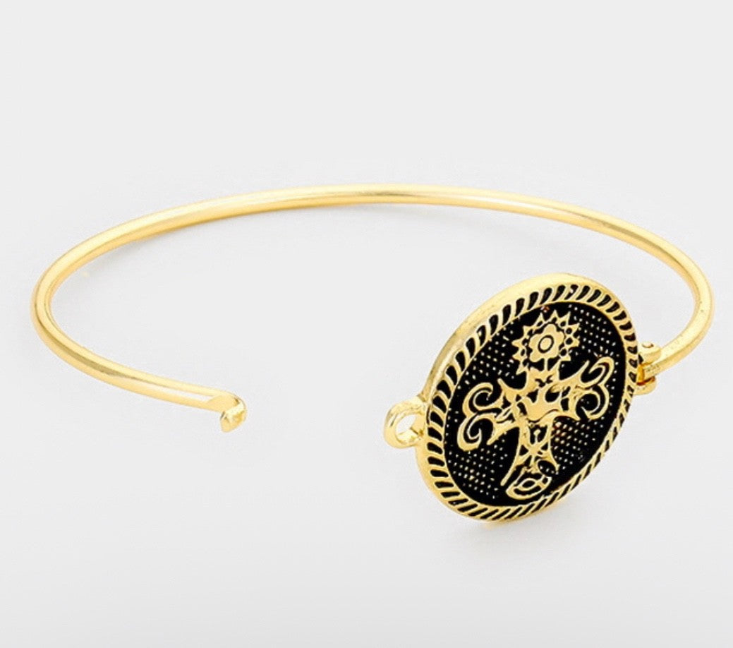 Gold Ornate Cross Medallion Bangle - Etched Religious Iconography Jewelry