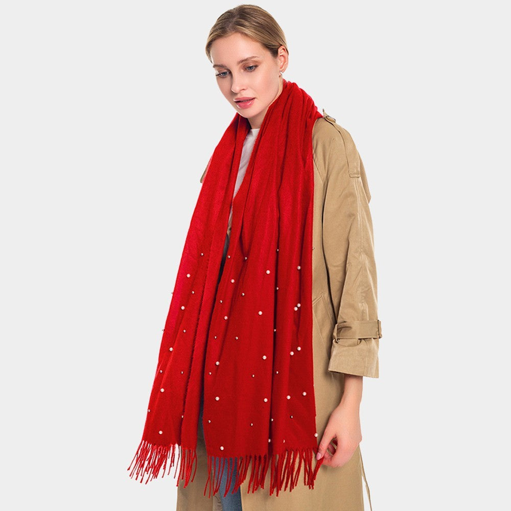 Pearl Embellished Solid Fringe Trim Oblong Scarf for Women Red 26.5" X 74.8"