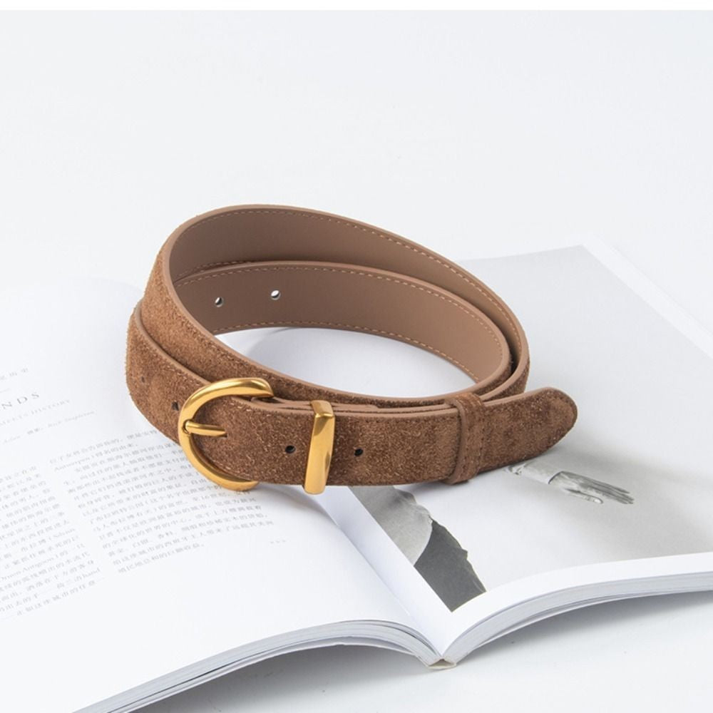 2pcs Women Suede Leather Belt Gold Horseshoe Buckle Set Black Brown 41in