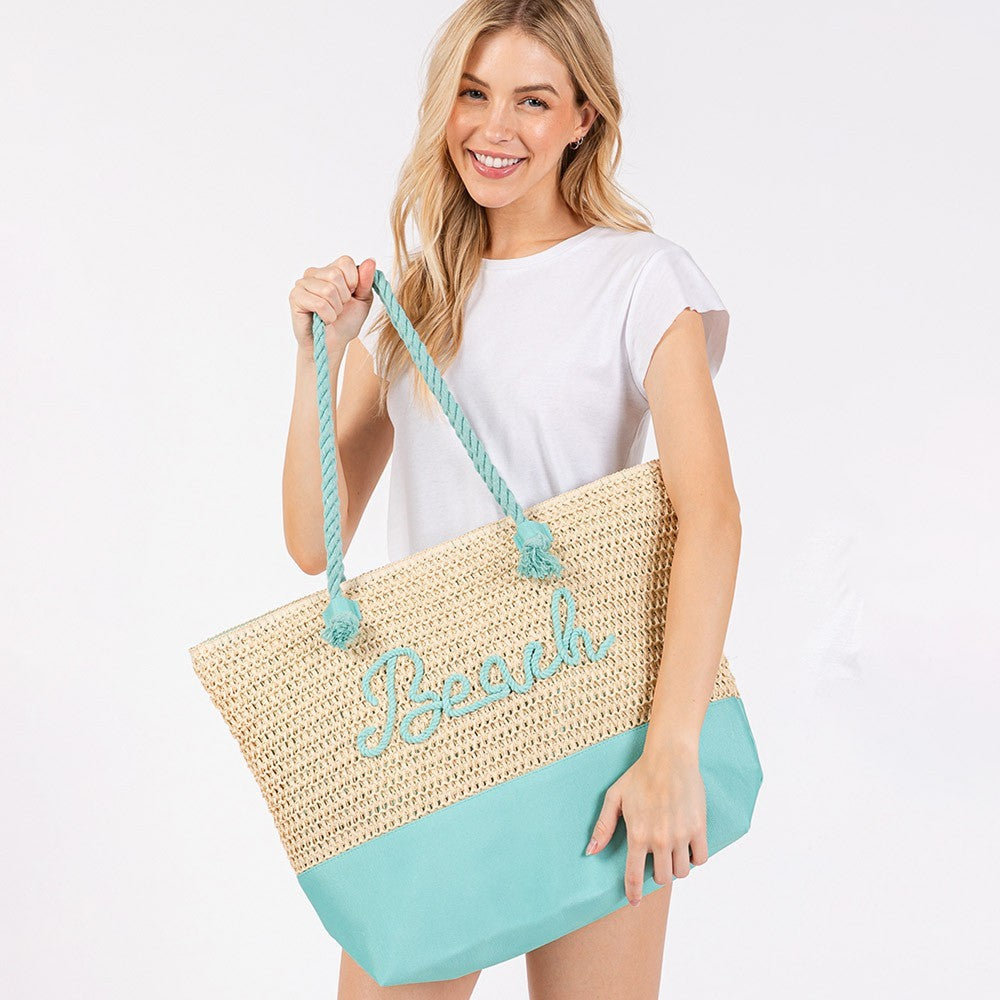 BEACH Embroidered Crochet Tote Bag with Rope Handles Summer Beach Bag Blue